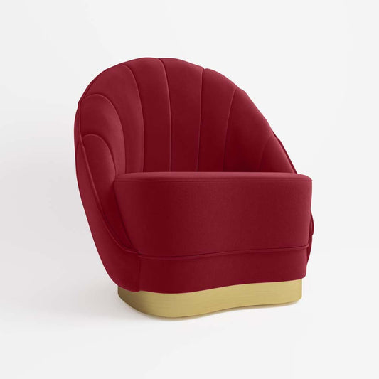 Fauteuil en velours bordeaux, piètement cerclage doré effet laiton