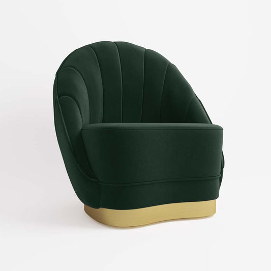 Fauteuil en velours vert sapin, piètement cerclage doré effet laiton