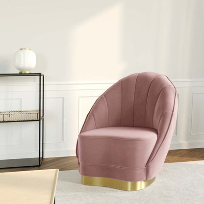 Fauteuil en velours rose vintage, piètement cerclage doré effet laiton
