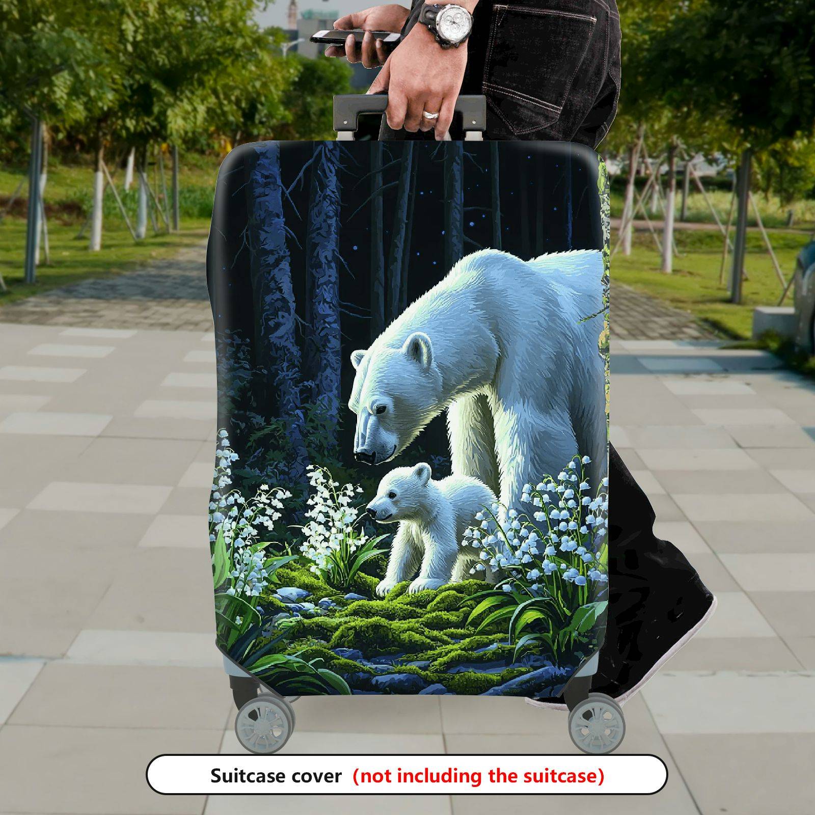 1-Piece Nature Forest Polar Bear Floral Green  Suitcase Luggage Cover, Stretch Protective Sleeve