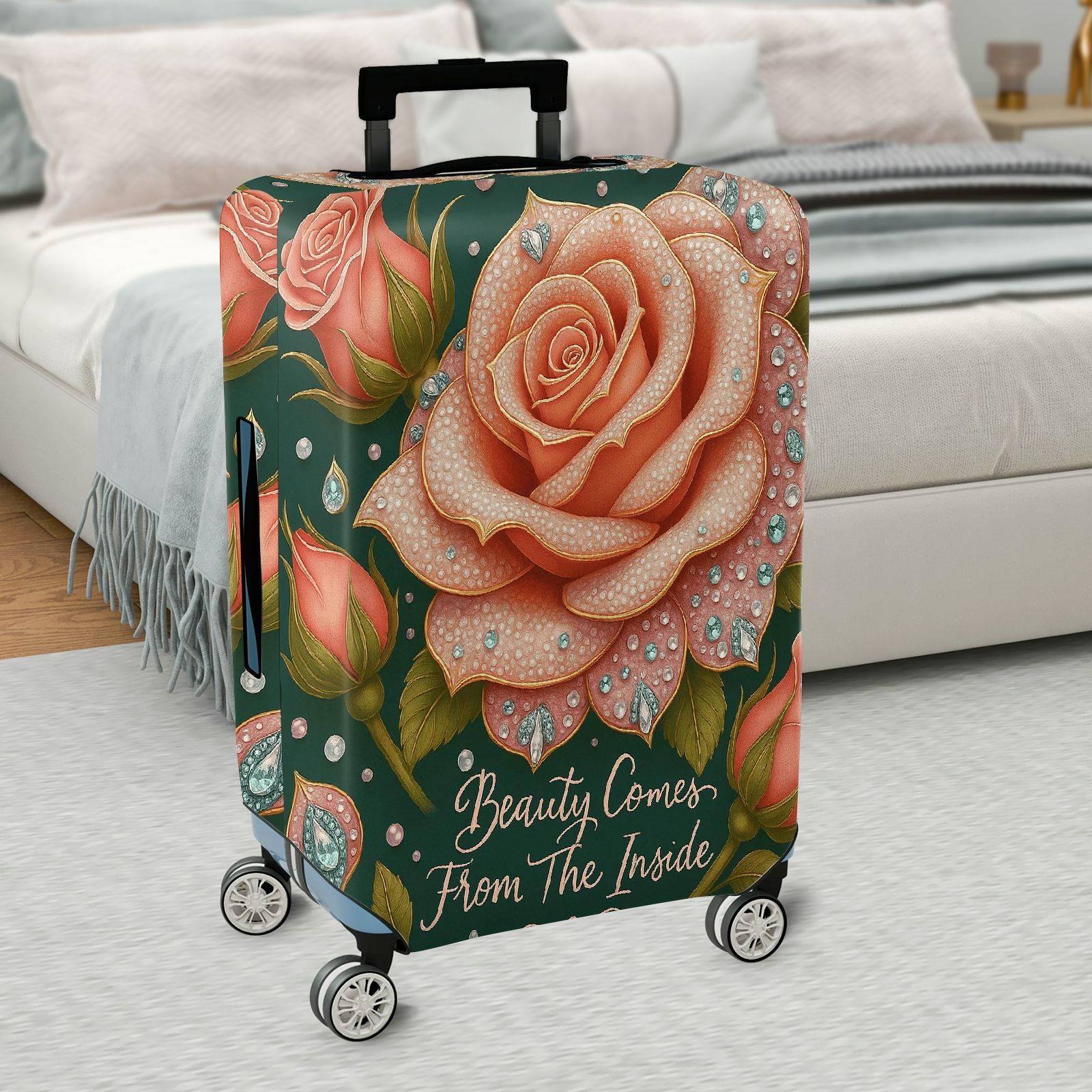 1-Piece Elegant Romantic Floral Glitter Typography  Suitcase Luggage Cover, Stretch Protective Sleeve