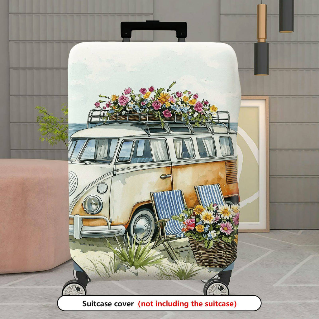 1-Piece Floral Beach Van Retro Nature Colorful  Suitcase Luggage Cover, Stretch Protective Sleeve