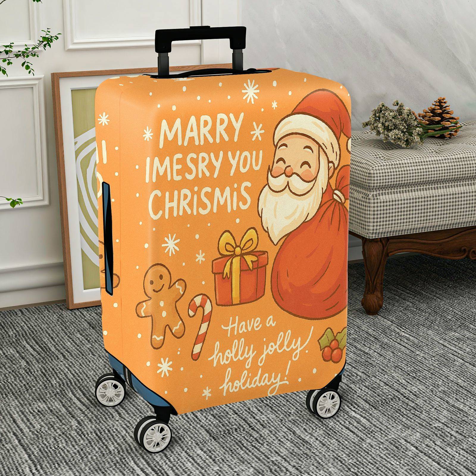 1-Piece Christmas Santa Claus Gingerbread Gift Joyful Holiday  Suitcase Luggage Cover, Stretch Protective Sleeve