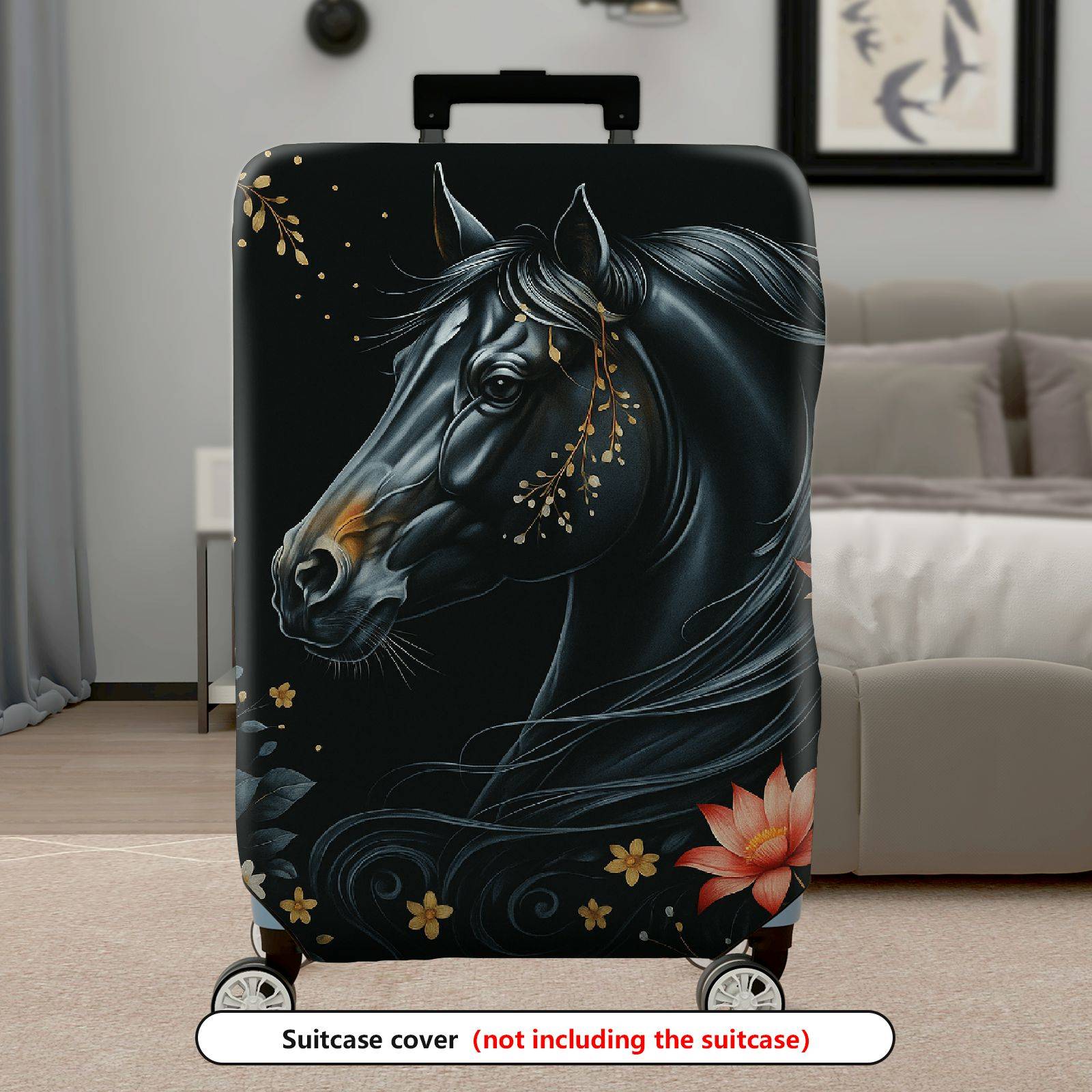 1-Piece Black Horse Floral Art  Suitcase Luggage Cover, Stretch Protective Sleeve