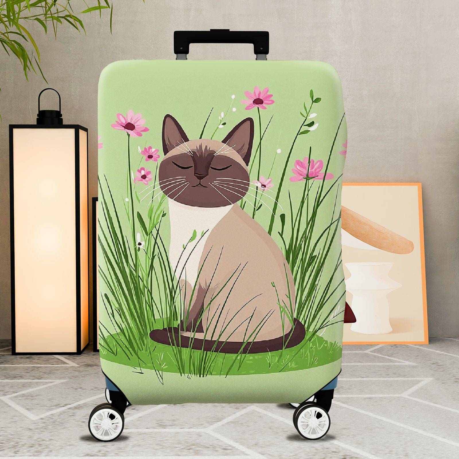 1-Piece Cat Floral Green Nature Cute Whimsical  Suitcase Luggage Cover, Stretch Protective Sleeve