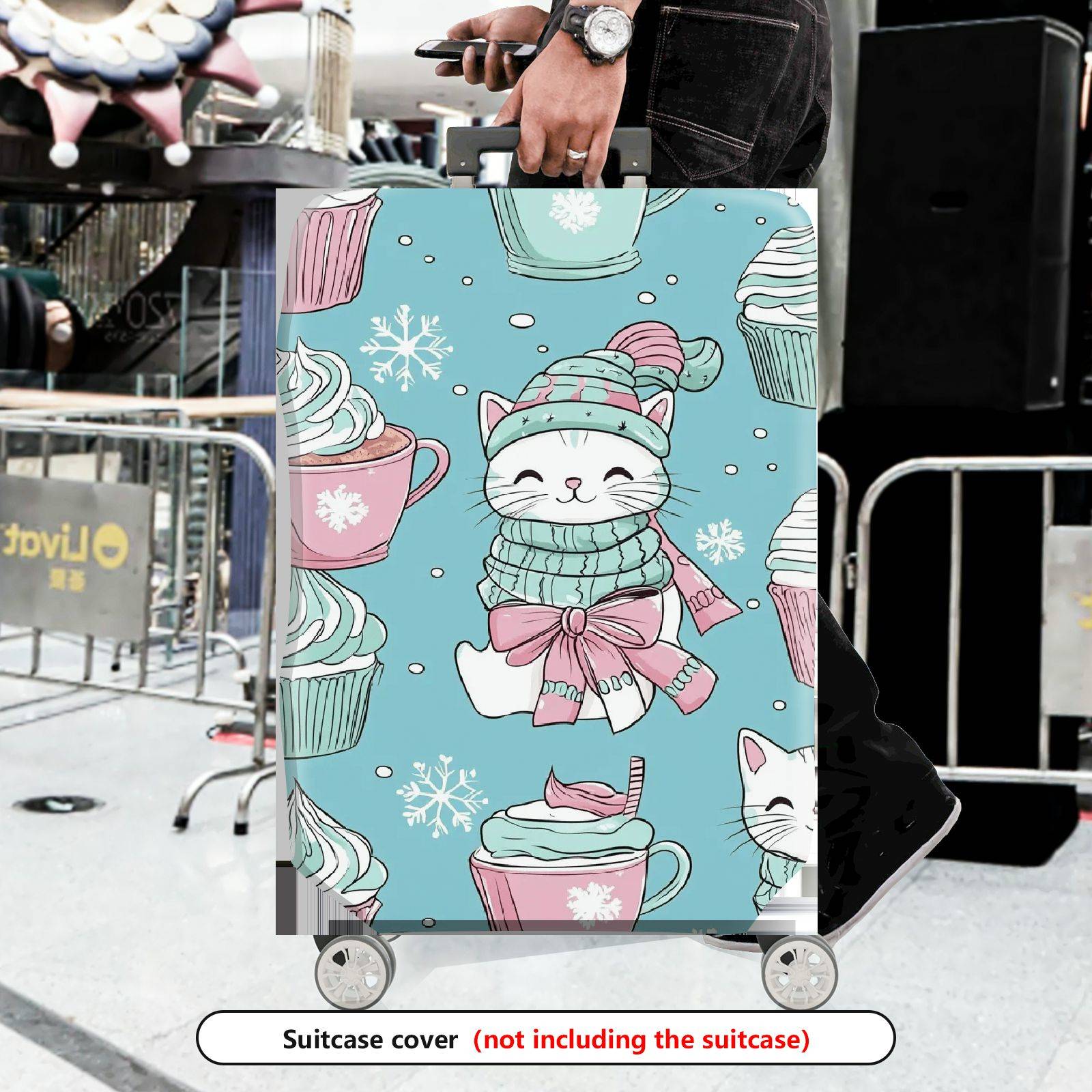 1-Piece Cute Cat Snowflake Cupcake Winter Christmas  Suitcase Luggage Cover, Stretch Protective Sleeve