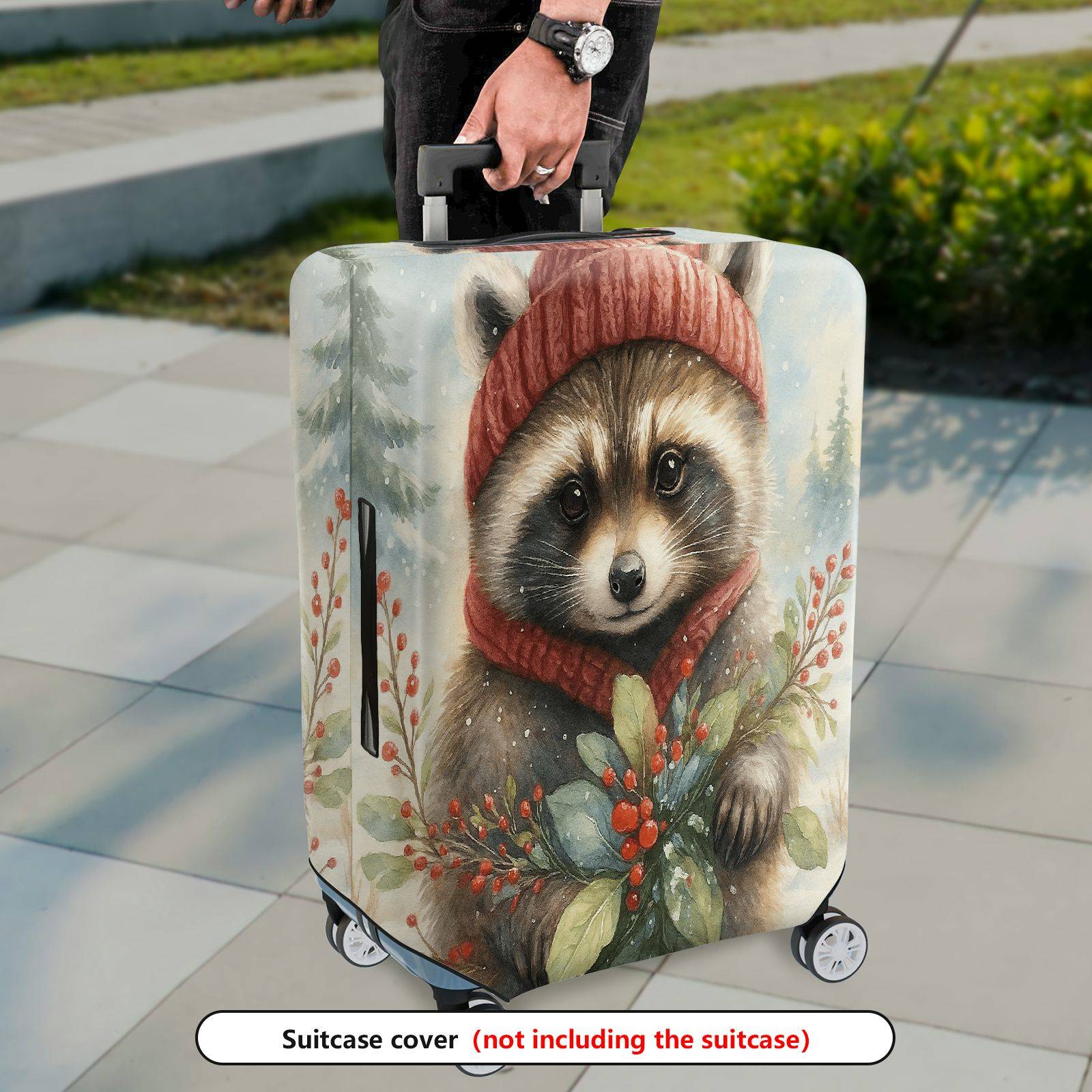 1-Piece Raccoon Winter Holiday Nature Pattern  Suitcase Luggage Cover, Stretch Protective Sleeve