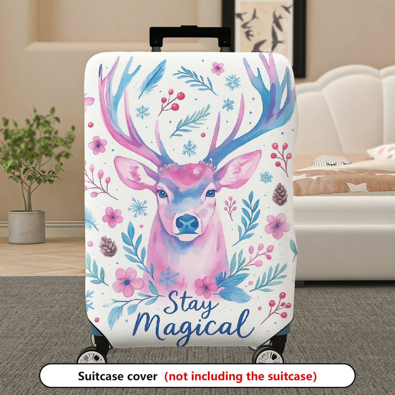 1-Piece Deer Floral Pattern Colorful Magical Holiday Seasonal  Suitcase Luggage Cover, Stretch Protective Sleeve
