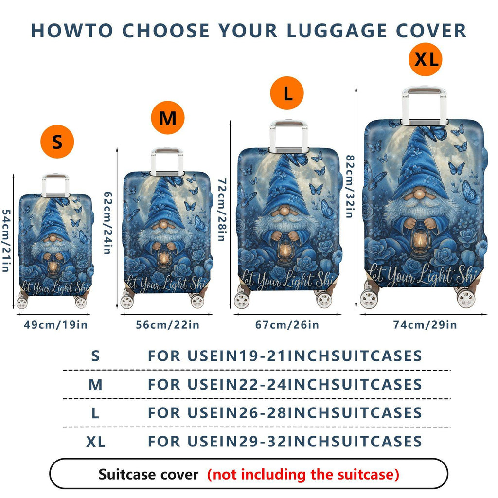1-Piece Blue Gnome Lantern Moon Butterfly Floral  Suitcase Luggage Cover, Stretch Protective Sleeve