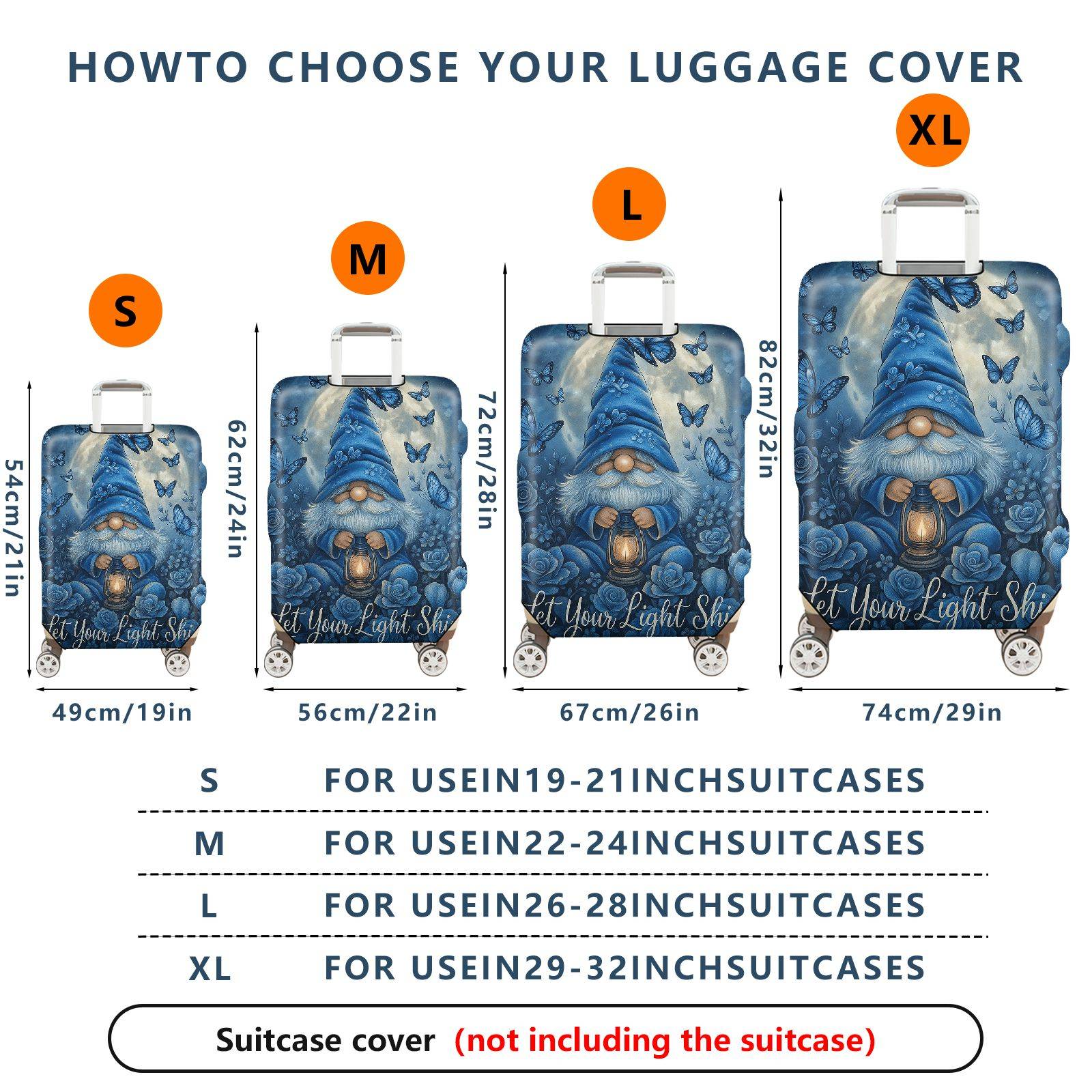 1-Piece Blue Gnome Lantern Moon Butterfly Floral  Suitcase Luggage Cover, Stretch Protective Sleeve