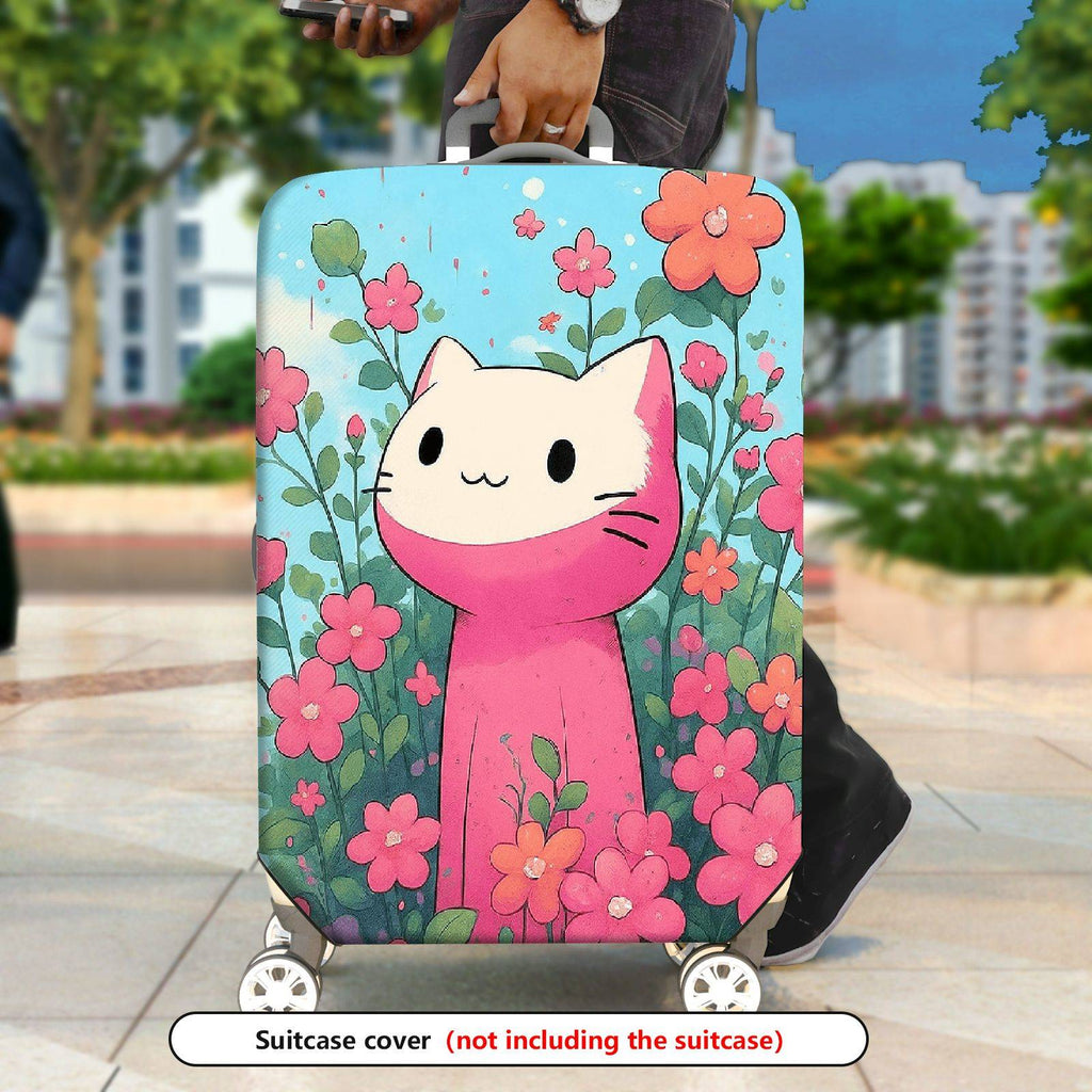 1-Piece Floral Cute Pink Cat  Suitcase Luggage Cover, Stretch Protective Sleeve