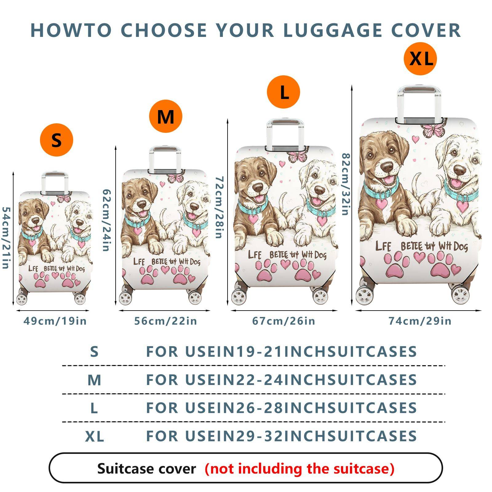 1-Piece Cute  Dog Heart Paw Print Butterfly  Suitcase Luggage Cover, Stretch Protective Sleeve