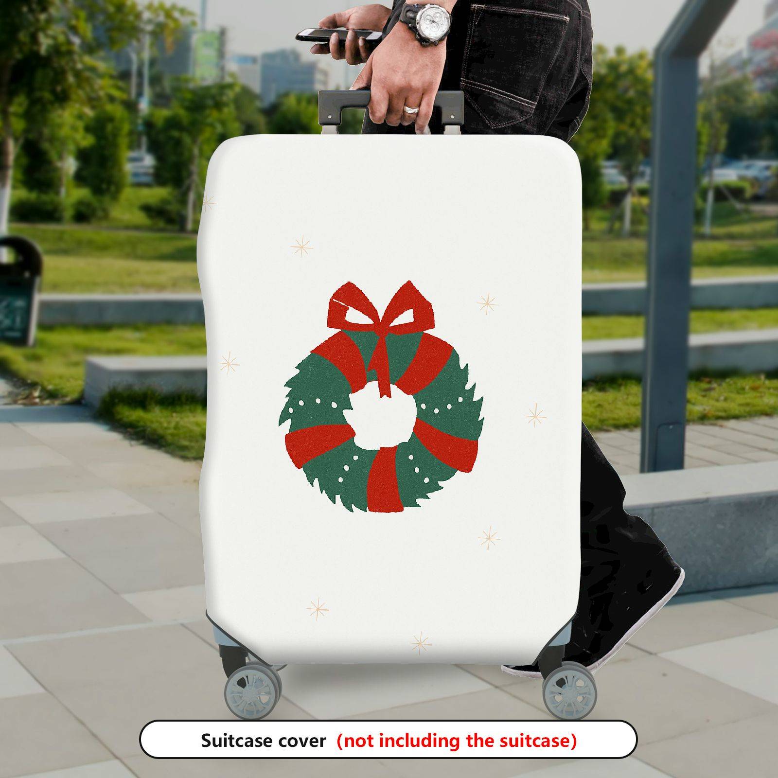 1-Piece Christmas Wreath Bow Snowflakes Holiday  Suitcase Luggage Cover, Stretch Protective Sleeve