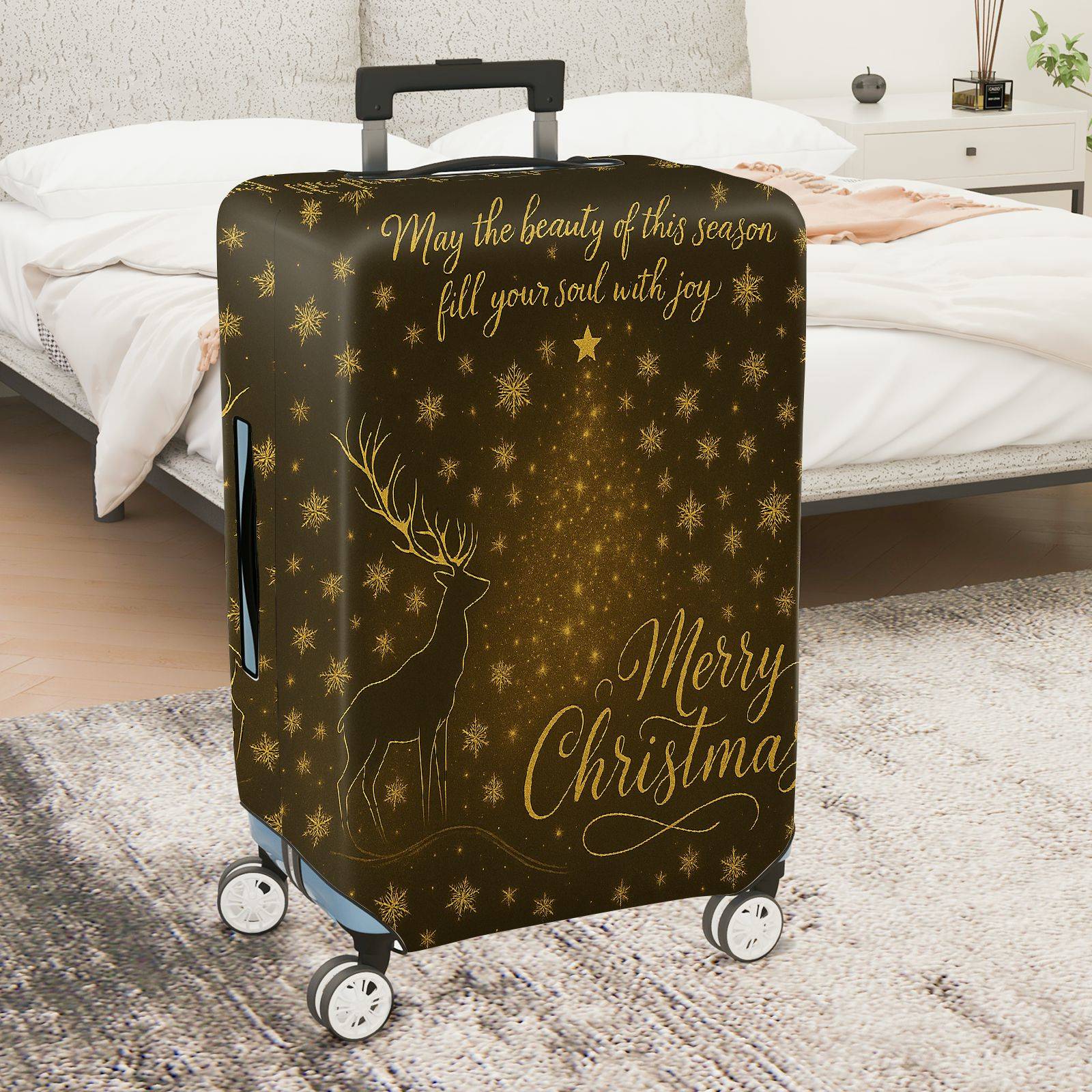 1-Piece Reindeer Snowflakes Gold Merry Christmas Holiday  Suitcase Luggage Cover, Stretch Protective Sleeve