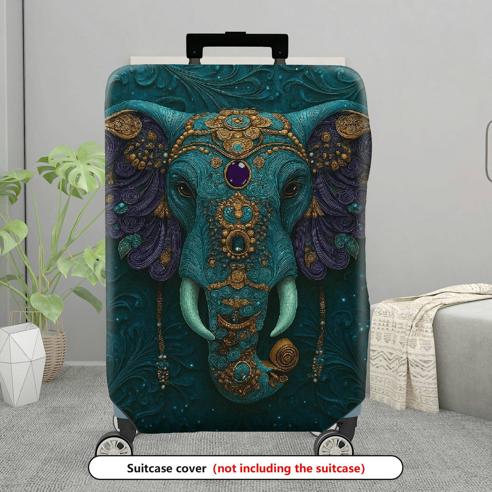 1-Piece Artistic Elephant Intricate Teal Gold Gem Animal  Suitcase Luggage Cover, Stretch Protective Sleeve