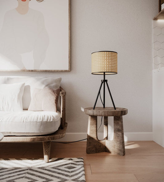 Lampe à poser en rotin et métal noir